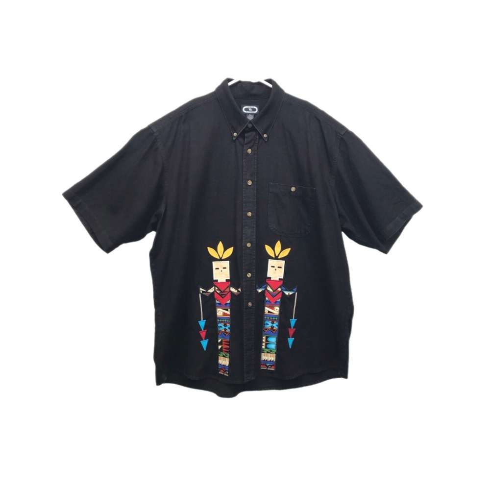 Vintage Three Rivers Tribal Arrows Artwork Button Down‎ Black Men's Shirt -XL